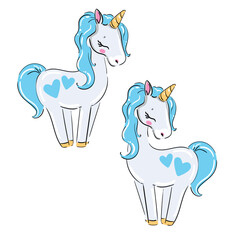 Two Hand Drawn Blue Unicorns Vector Illustration for Children