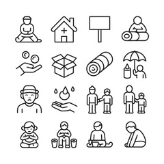 Collection of Sixteen Black Outline Icons Depicting Diverse Human Activities and Objects Including Sitting Figures Home Shelter Sign Child with Umbrella Open Box Water Donation