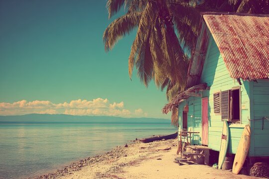 Pastel-toned beach hut nestled on a tropical shore