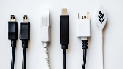 A Diverse Collection of Electronic Cables and Power Adapters for Contemporary Technological Devices Displayed on a Plain White Surface with Minimalist Composition