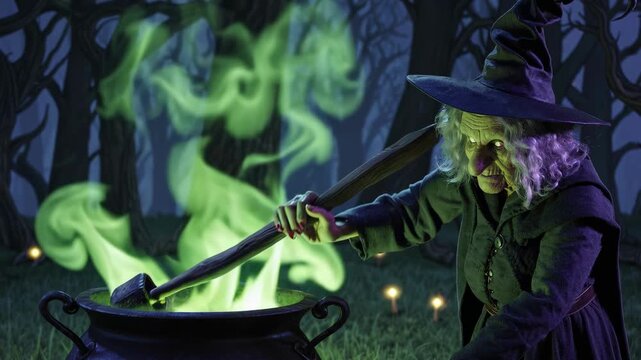 Cinematic Halloween video in a magical fairytale forest, featuring a mysterious witch brewing a glowing potion in a steaming cauldron.