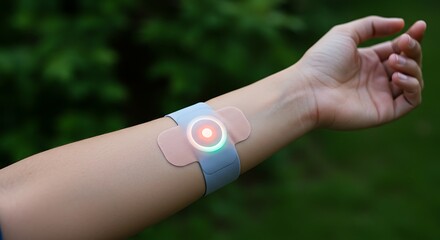 Futuristic wearable biosensor with a glowing red indicator light on a person's arm for advanced health monitoring