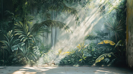 Lush tropical foliage painted on a wall with sunbeams streaming through the dense canopy above