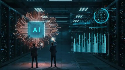 Data scientists interact with a glowing AI interface in a modern server room environment. - Powered by Adobe