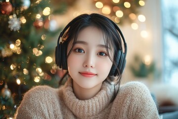 Relaxing at home during the holidays, young Asian female wearing headphones and listening to music in the living room, Generative AI