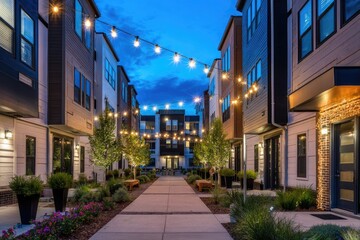 Obraz premium Street of modern townhomes with string lights between houses and decorated doors, communal festive atmosphere