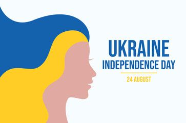Ukraine Independence Day poster with female face in profile vector illustration. Female head in profile with long blue and yellow hair icon. Template for background, banner, card. 24 August every year