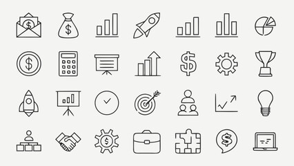 Outline business icons set depicts finance, startup, statistics and analytics for design and user interface projects