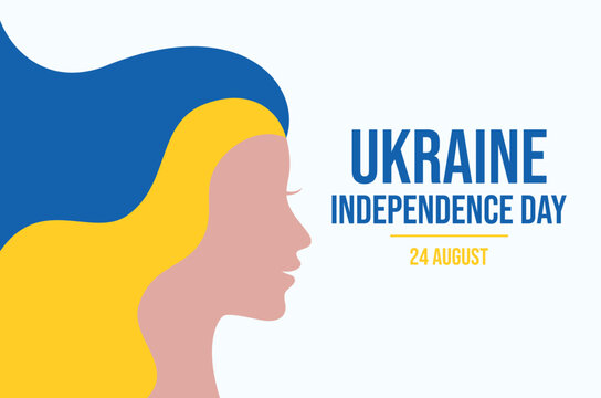 Ukraine Independence Day poster with female face in profile vector illustration. Female head in profile with long blue and yellow hair icon. Template for background, banner, card. 24 August every year