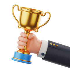 Cartoon hand in a suit holding a golden trophy with a blue base isolated transparent background