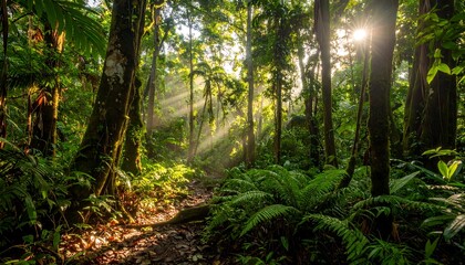 Obraz premium Sunlight streams through lush rainforest foliage
