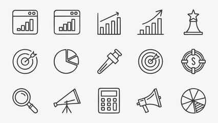 A set of outline style marketing and business icons, ideal for designing logos, websites, and user interfaces with a clean, modern look.