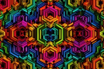 Vibrant, geometric, repeating pattern of 3D hexagons in a kaleidoscopic design