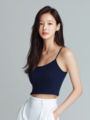 네이비 상의와 흰 바지를 입은 세련된 한국 여성
