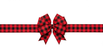 Red and black buffalo plaid ribbon with bow on a white background.