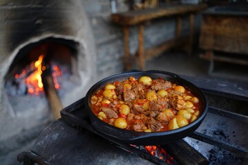 Georgian stew simmering over an open fire, creating a delicious meal.