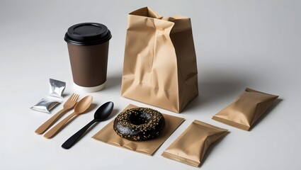 Takeout Coffee, Donut & Eco-Friendly Packaging on White Background