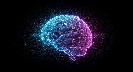 Digital mind glowing with blue and pink neural network activity, representing artificial intelligence and futuristic consciousness