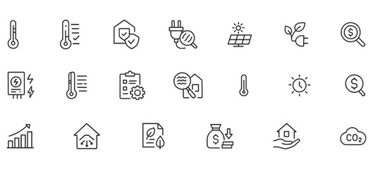 Home Energy Audit Line Icons – Thermostat, Insulation, Power Consumption, Efficiency Checklist, Renewable Energy Symbols