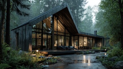 Serene woodland home, contemporary architecture, inviting interior ambiance