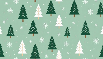 Obraz premium Festive seamless pattern featuring pine trees and snowflakes on a green background, perfect for winter holidays and Christmas projects