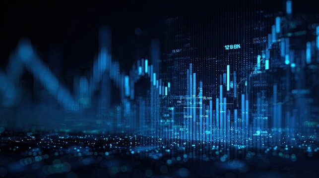 Abstract financial data visualization.  Dark background with glowing blue charts and graphs