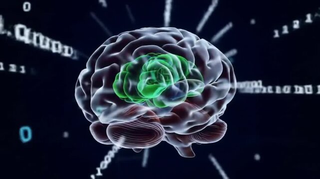 Human brain with red highlighted area and binary code on a dark background