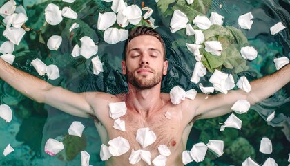 Serene escape person floating in water surrounded by flower petals representing tranquility and well being a relaxing and peaceful experience