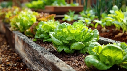 Fresh green lettuce growing in wooden garden boxes