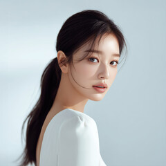 여성의 윤기 나는 피부와 내추럴 메이크업 클로즈업

