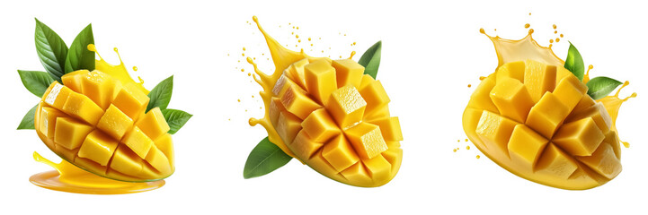 Mango sliced into cubes with leaves and juice splash on transparent background. Ideal for food, beverage, and summer-themed designs