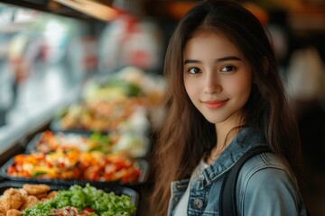 Temptation versus healthy choices, young woman choosing between a salad and fast food during a diet session, Generative AI