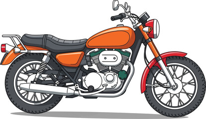 Fototapeta premium A bright orange classic motorcycle illustration showcases a vintage motorbike design with red accents and detailed mechanical parts.
