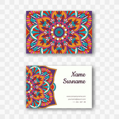 Vector business card design template with floral mandala pattern. Isolated violet and orange visiting card in oriental style. For employees of yoga studios, tattoo parlors, beauty clinics, massage roo
