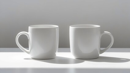 Two White Blank Coffee Mugs Mockup with Sunlight and Shadows
