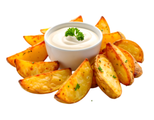 Golden Potato Wedges and Creamy Dip: A delightful shot showcases perfectly baked, crispy potato wedges arranged artfully around a bowl of creamy, fresh dipping sauce. Garnished with fresh herbs.