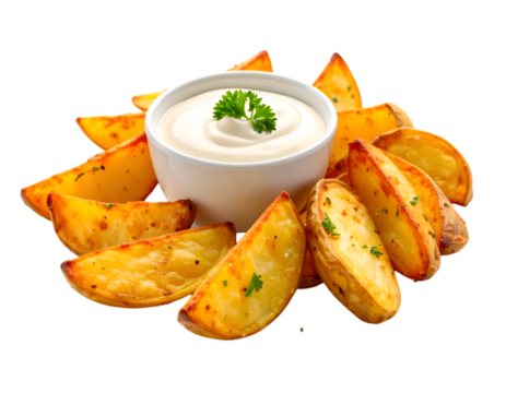 Golden Potato Wedges and Creamy Dip: A delightful shot showcases perfectly baked, crispy potato wedges arranged artfully around a bowl of creamy, fresh dipping sauce. Garnished with fresh herbs.
