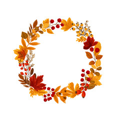 Autumn wreaths and design elements. Fall. Hand drawn leaves, plants, branches. Good for Thanksgiving greeting cards, invitations, flyers and other graphic design. Vector illustration