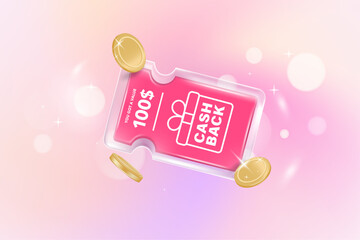 3D Gift voucher with coupon Cash back. For business promotion sales and Discount online purchases. Tag label, sale banner with golden coin cash back. 3d rendering.