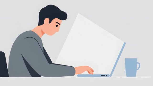 Focused Worker at Laptop, Simple Illustration