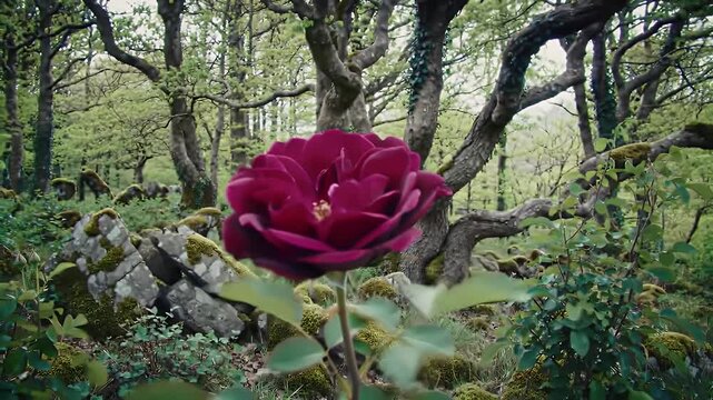 Time-Lapse: Black Baccara Rose Blooming in Enchanted Forest