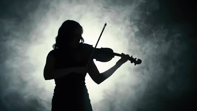 Silhouette of a violinist playing in spotlight, foggy background, emotional mood