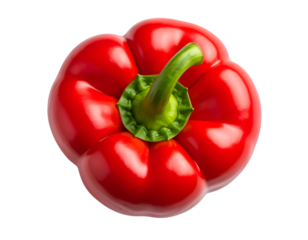 Red Bell Pepper: A vibrant, ripe red bell pepper viewed from above, showcasing its smooth skin and glossy texture. Its stem is green and intact, highlighting its freshness.