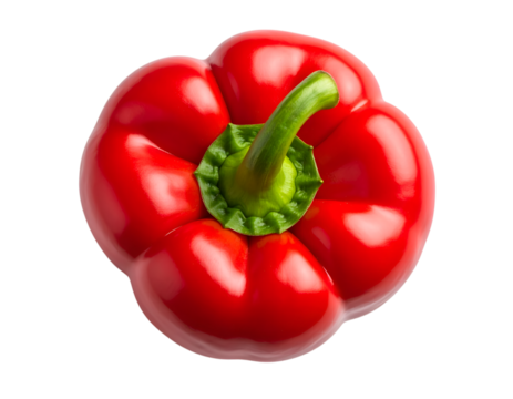 Red Bell Pepper: A vibrant, ripe red bell pepper viewed from above, showcasing its smooth skin and glossy texture. Its stem is green and intact, highlighting its freshness.