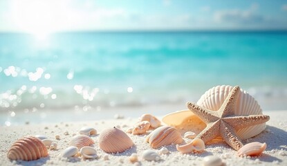 Blue sea, white sand, seashells, starfish. Sunny, warm, peaceful beach. Cool, relax carefree summer. Vacation time