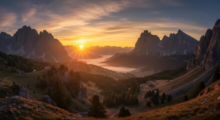 A glorious blast of morning sunlight breaking over a majestic mountain range, illuminating a serene valley filled with mist