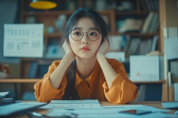 Stressed Asian woman planning to pay off her loan and calculating credit card debt on the table, reflecting financial concerns, Generative AI