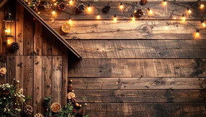 Rustic Wooden Barn Background with String Lights and Christmas Decor