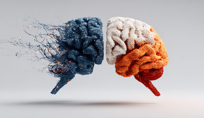 Brain Model Explodes in Abstract Art. Symbolizes thought, creativity. Ideal for medical marketing, web design, editorial use on neuroscience, and psychology.