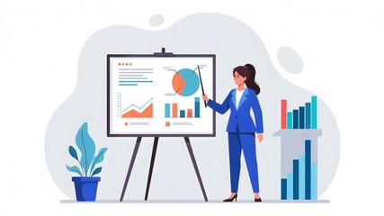 Businesswoman Presenting Data Charts and Graphs on a Whiteboard with Pointer Stick - Powered by Adobe